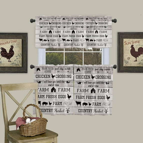 Kitchen Cafe Window Tier Curtains and Valance 3 Pieces Set Farm Animal Cow Pig Chicken Print Rod Pocket Window Valances Panel Privacy Short Drapes Treatment for Bedroom Vintage Gray Wood Plank