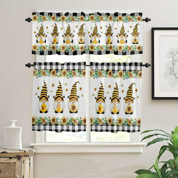 Kitchen Cafe Window Tier Curtains and Valance 3 Pieces Set Farm Honey Bee Gnome Rod Pocket Window Valances Panel Privacy Short Drapes Window Treatment for Bedroom Country Sunflower Buffalo Plaid