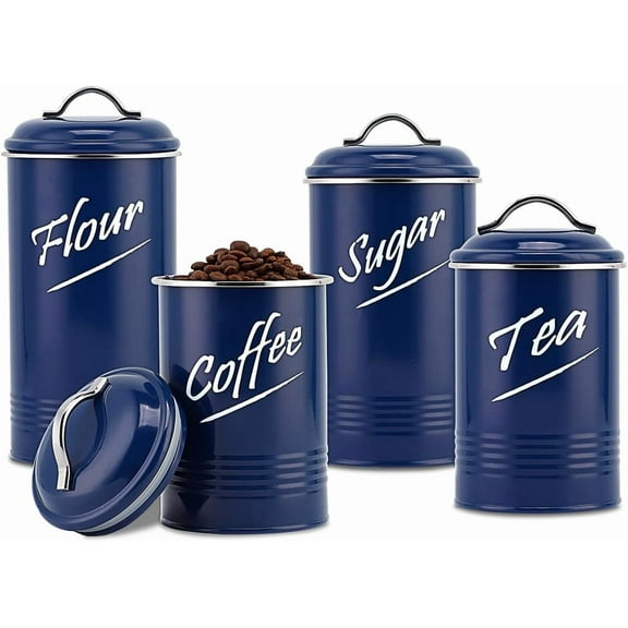 Kitchen Canister Set of 4, Airtight Stainless Steel Food Storage Containers with Lids, Flour Sugar Coffee Tea Canisters for Countertop, Metal Kitchen Storage Jars, Navy Blue