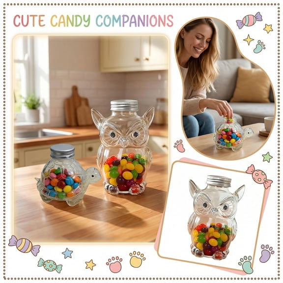 Kitchen Canister, Small Container with Lid, Candy Organizer, Clear Container with Lid, 6X3 in, Glass Owl Figure, Kitchen Organizer and Storage, Treat Holding, Countertop