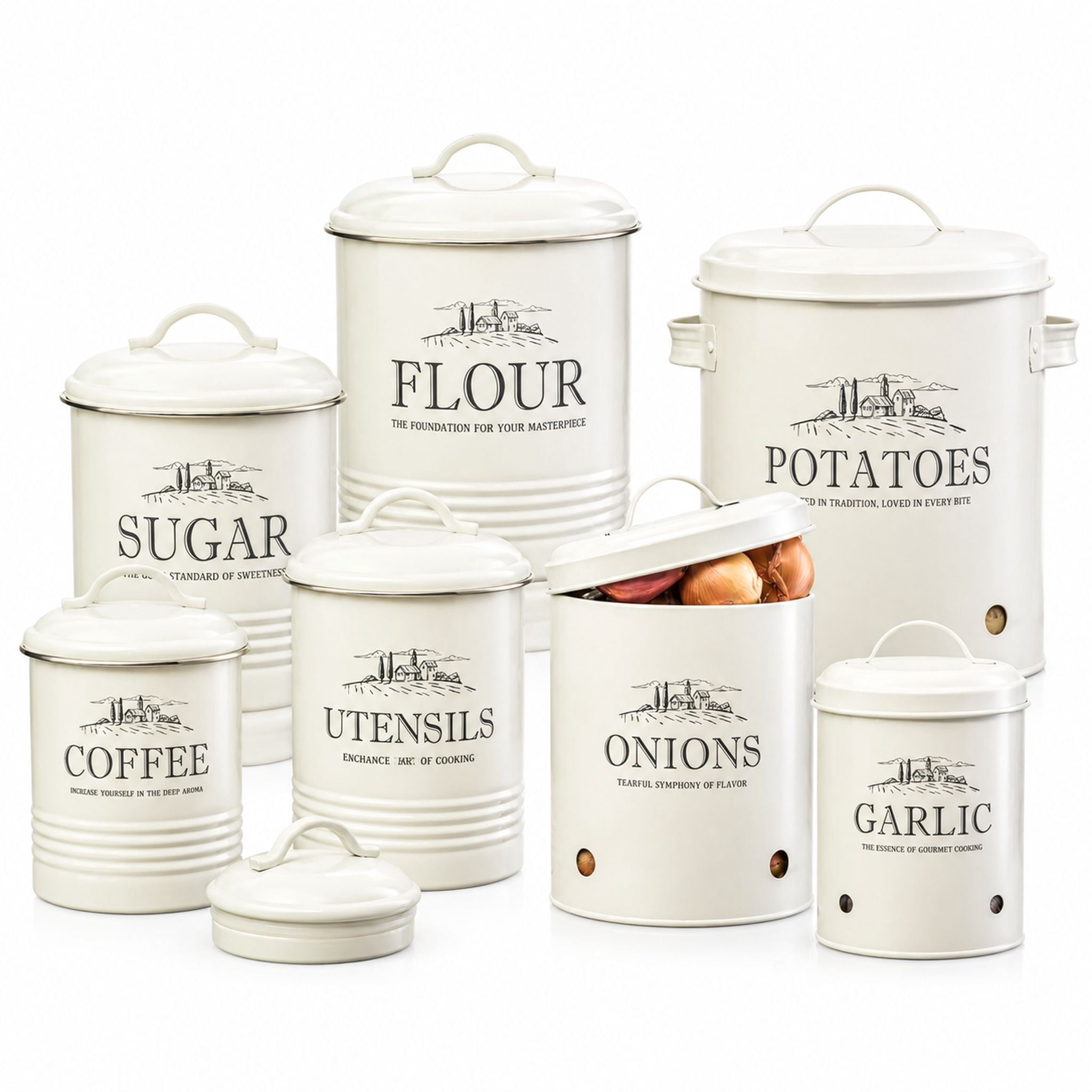 Kitchen Canister and Vegetable Storage Set, 8-Piece, Magnolia White ...