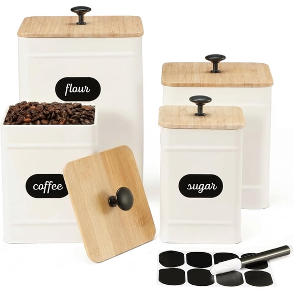 Kitchen Canisters, Airtight Canister Sets for Kitchen Counter, Kitchen Canisters for Countertop Set of 4, Coffee Tea Sugar Flour Spice Tin Jars Food Storage Container with Lid(White)