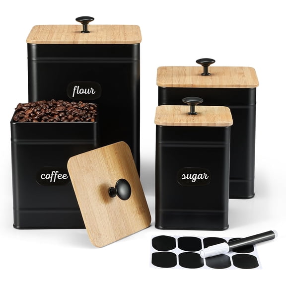 Kitchen Canisters, Airtight Canister Sets for Kitchen Counter, Kitchen Canisters for Countertop Set of 4, Coffee Tea Sugar Flour Spice Tin Jars Food Storage Container with Lid(Black)