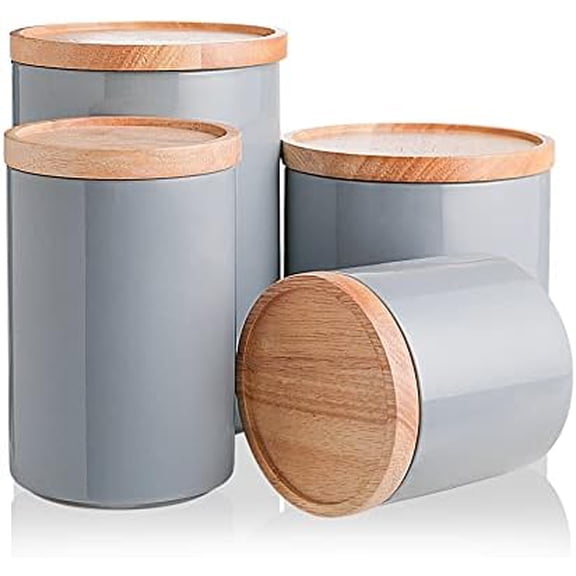 Kitchen Canisters Ceramic Food Storage Jar Set, Stackable Containers with Airtight Seal Wooden Lid for Serving Ground Coffee, Tea, Herbs, Grains, Sugar, Salt - Set of 4 (Gray)