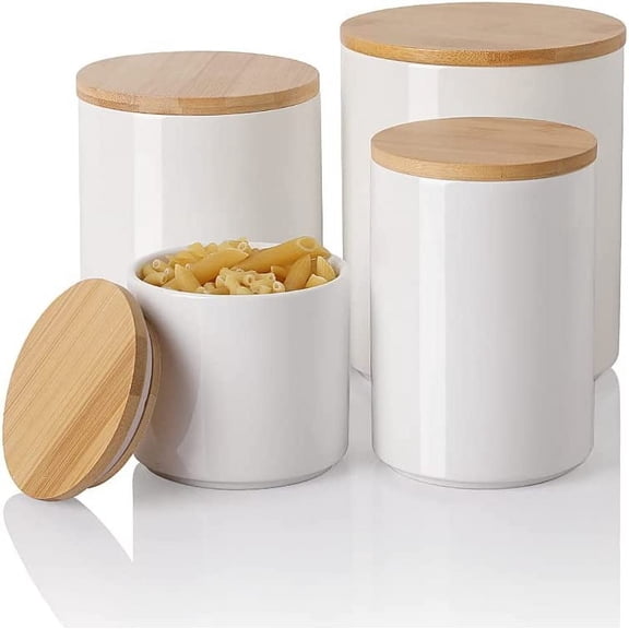 Kitchen Canisters Ceramic Food Storage Jar Set, Stackable Containers with Airtight Seal Wooden Lid for Serving Ground Coffee, Tea, Herbs, Grains, Sugar, Salt - Set of 4 (White)