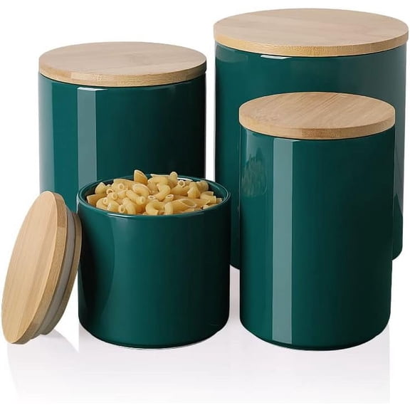 Kitchen Canisters Ceramic Food Storage Jar Set, Stackable Containers with Airtight Seal Wooden Lid for Serving Ground Coffee, Tea, Herbs, Grains, Sugar, Salt - Set of 4 (Jade)