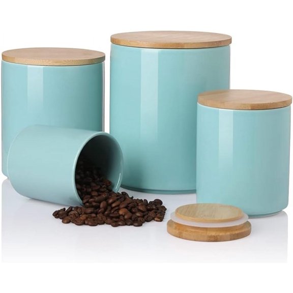 Kitchen Canisters Ceramic Food Storage Jar Set, Stackable Containers with Airtight Seal Wooden Lid for Serving Ground Coffee, Tea, Herbs, Grains, Sugar, Salt - Set of 4 (Turquoise)