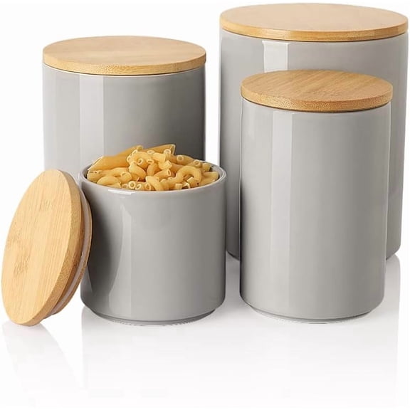 Kitchen Canisters Ceramic Food Storage Jar Set, Stackable Containers with Airtight Seal Wooden Lid for Serving Ground Coffee, Tea, Herbs, Grains, Sugar, Salt - Set of 4 (Gray)