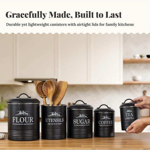 Kitchen Canisters for Countertop – 5-Piece Airtight Canister Sets for the Kitchen Counter with Utensil Holder – Flour Sugar Coffee Tea Containers – Matte Black Finish