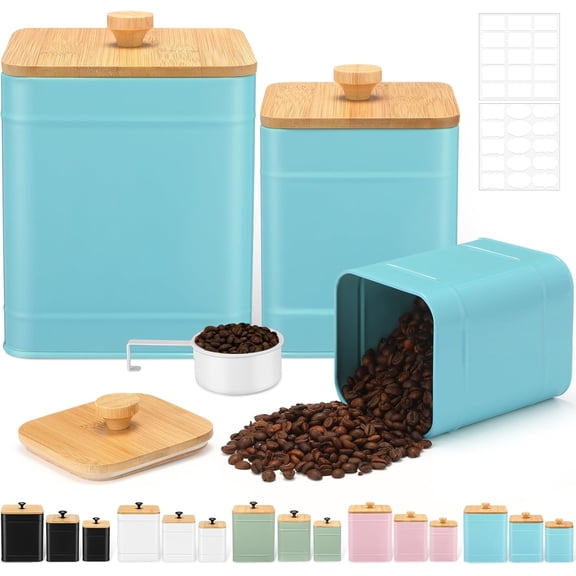 Kitchen Canisters for Countertop Set of 3 Metal Canisters Sets with Bamboo Lids Spoon Airtight High Capacity Coffee Tea Sugar Flour Jars with DIY Labels Farmhouse Food Storage(Turquoise,L,M,S)