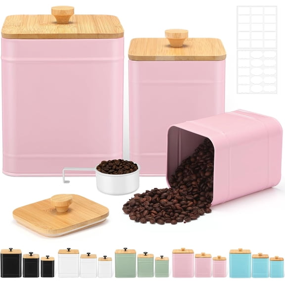 Kitchen Canisters for Countertop Set of 3 Metal Canisters Sets with Bamboo Lids Spoon Airtight High Capacity Coffee Tea Sugar Flour Jars with DIY Labels Farmhouse Food Storage(Pink,L,M,S)