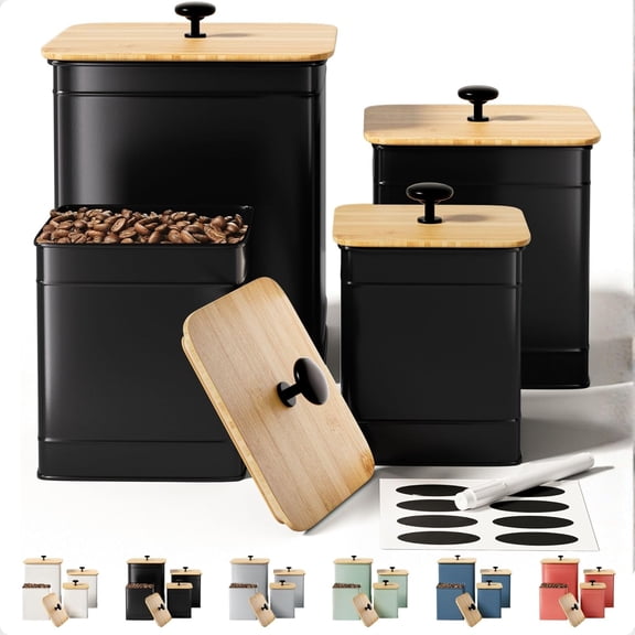 Kitchen Canisters for Countertop Set of 4 with Customizable Chalkboard Labels & Marker Pen - Big Iron Kitchen Canisters with Airtight Lids - Black Canister Set - Flour and Sugar Containers Farmhouse