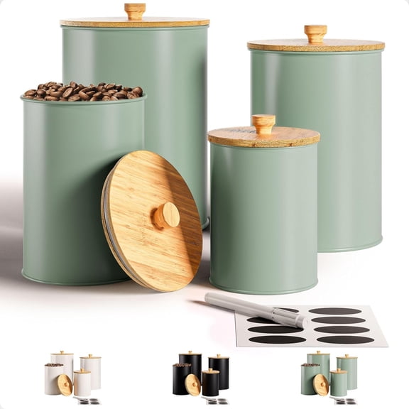 Kitchen Canisters for Countertop Set of 4 with Customizable Chalkboard Labels & Marker Pen - Big Iron Kitchen Canisters with Airtight Lids - Sage Green Canister Set - Flour and Sugar Containers