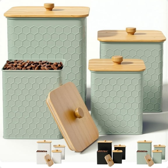 Kitchen Canisters for Countertop Set of 4 - Textured Iron Kitchen Canisters with Airtight Lids - Flour Sugar Canister Set - Flour and Sugar Containers Farmhouse - Coffee Jar for Counter - Green