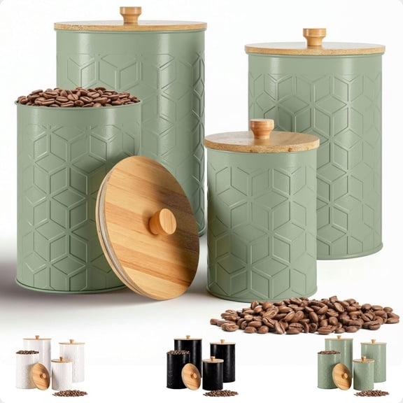 Kitchen Canisters for Countertop Set of 4 - Textured Iron Kitchen Canisters with Airtight Lids - Flour Sugar Canister Set - Flour and Sugar Containers Farmhouse - Coffee Jar for Counter - Sage Jar x4