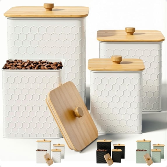 Kitchen Canisters for Countertop Set of 4 - Textured Iron Kitchen Canisters with Airtight Lids - Flour Sugar Canister Set - Flour and Sugar Containers Farmhouse - Coffee Jar for Counter - White