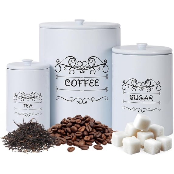 Kitchen Canisters Set of 3, Airtight Vintage Food Storage Jars with Lids for Farmhouse Kitchen Decor, Rustic White Canisters for Coffee, Sugar, Tea Storage