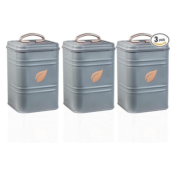 Kitchen Canisters Set of 3 - Farmhouse Grey Airtight Food Storage Containers - Coffee Sugar Flour Canisters - Decorative Countertop Kitchen Decor - Wedding Gift Ideas