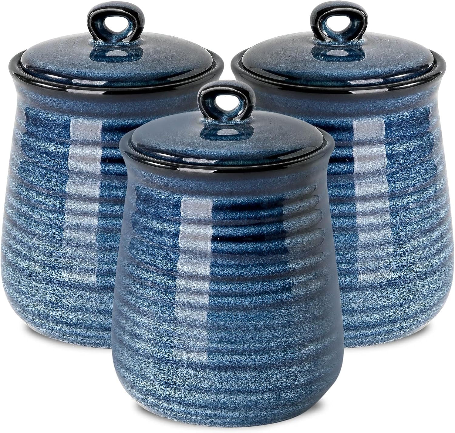 Kitchen Canisters Set with Airtight Lid for Countertop, 25 Ounce Ceramic Vintage Food Storage Jars Containers Set of 3 with Cover for Coffee, Sugar, Tea, Spice, Candy and Nut, Navy