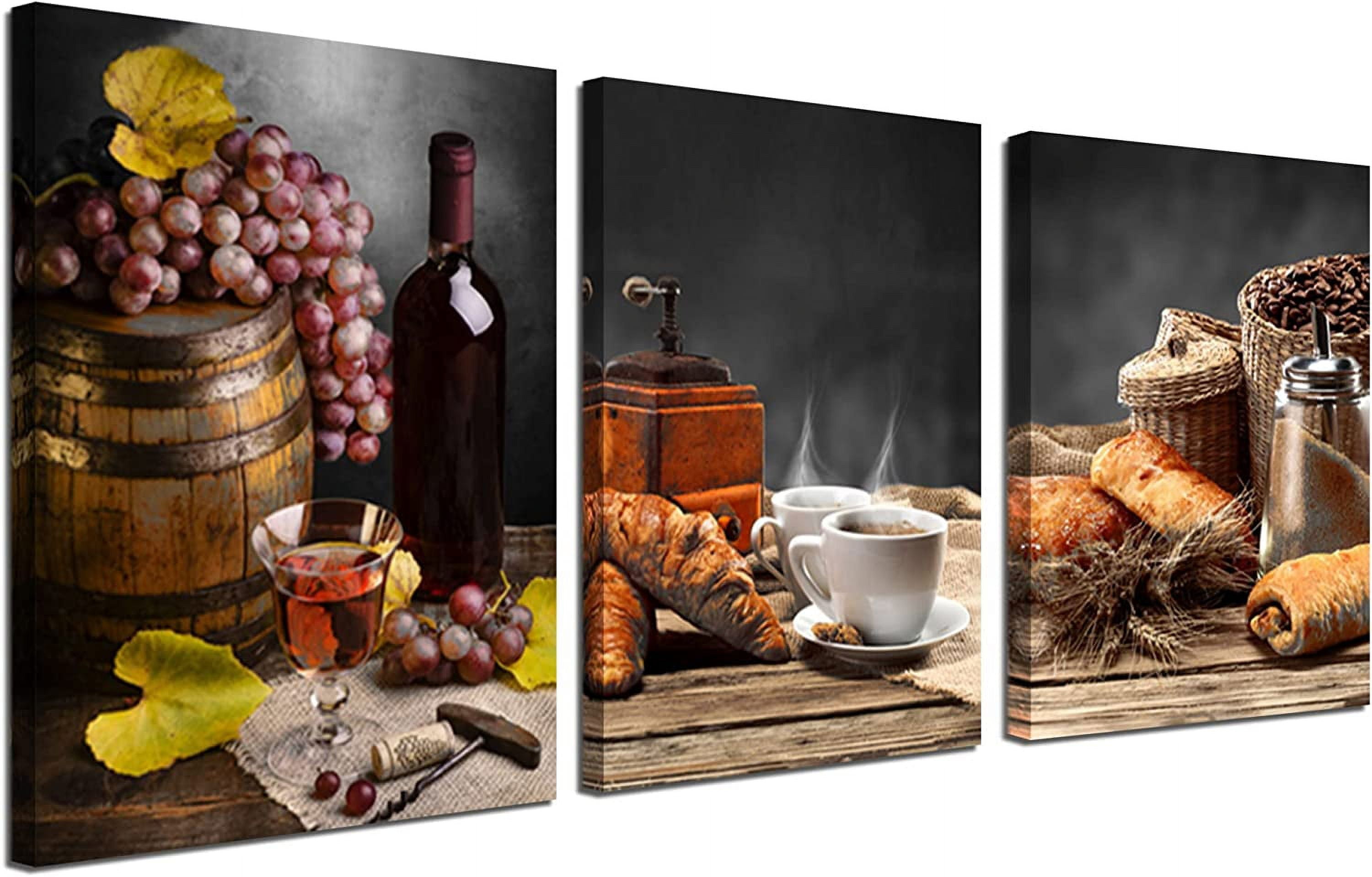 Kitchen Canvas Wall Art Coffee and Red Wine Paintings Vintage Farmhouse  Pictures Bread Fruit Artwork Prints Framed for Dinning Room Bar Home Wall  Decor, 12\, image size:3000x1918