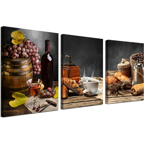 Kitchen Canvas Wall Art Coffee and Red Wine Paintings Vintage Farmhouse Pictures Bread Fruit Artwork Prints Framed for Dinning Room Bar Home Wall Decor, 12"x16"x3 Panels, Ready to Hang