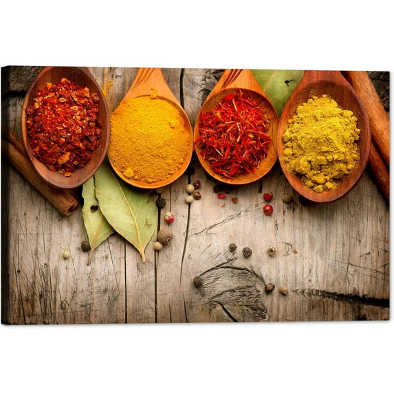 Kitchen Canvas Wall Art Couful Spice in Spoon Vintage Picture Dining Room Canvas Painting for Home Wall Decor, Spices Framed Artwork for Kitchen Restaurant Wall Decoration Ready to Hang (12"Hx18"W)