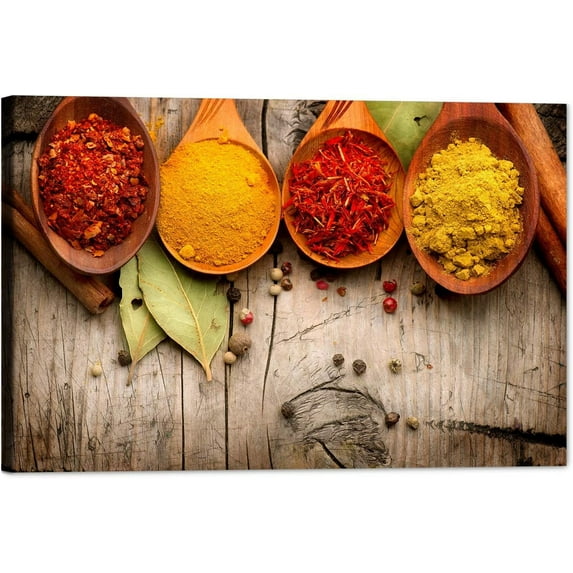 Kitchen Canvas Wall Art Couful Spice in Spoon Vintage Picture Dining Room Canvas Painting for Home Wall Decor, Spices Framed Artwork for Kitchen Restaurant Wall Decoration Ready to Hang (12" Hx18 W)