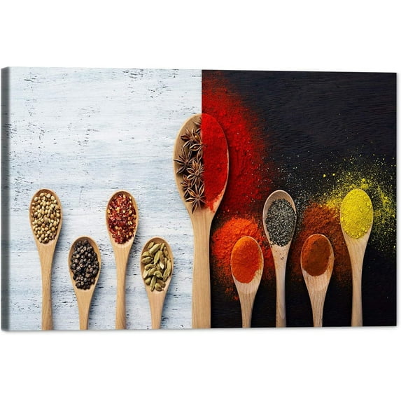 Kitchen Canvas Wall Art Couful Spice in Spoon Vintage Picture Dining Room Canvas Painting for Home Wall Decor, Spices Framed Artwork for Kitchen Restaurant Wall Decoration Ready to Hang (12"Hx18"W)