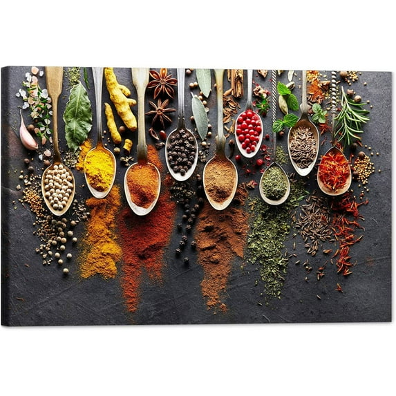 Kitchen Canvas Wall Art Couful Spice in Spoon Vintage Picture Dining Room Canvas Painting for Home Wall Decor, Spices Framed Artwork for Kitchen Restaurant Wall Decoration Ready to Hang (12" Hx18 W)