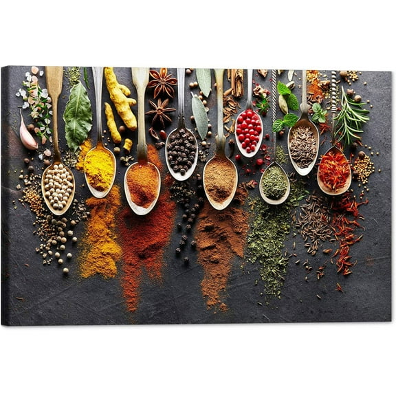 Kitchen Canvas Wall Art Couful Spice in Spoon Vintage Picture Dining Room Canvas Painting for Home Wall Decor, Spices Framed Artwork for Kitchen Restaurant Wall Decoration Ready to Hang (12" Hx18 W)