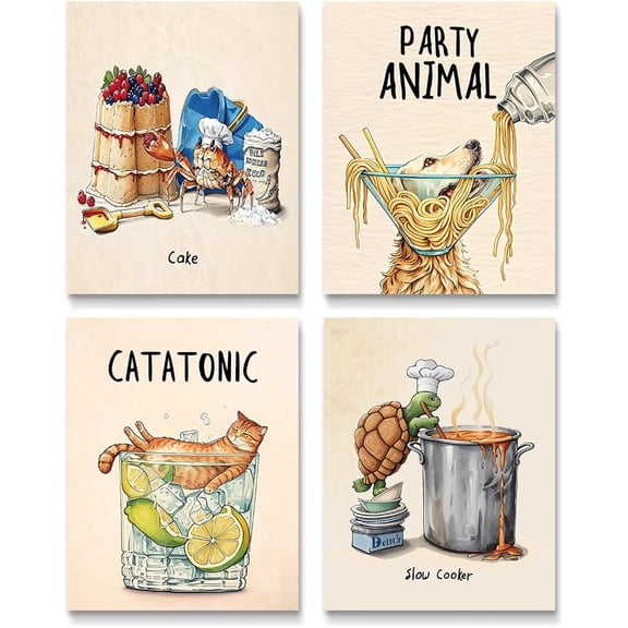 Kitchen Canvas Wall Art Decor Retro Funny Animal Canvas Printing Poster Food Artwork Picture for Living Room Kitchen Dining Room Wall Decorations Set of 4 8x10 inch Unframed