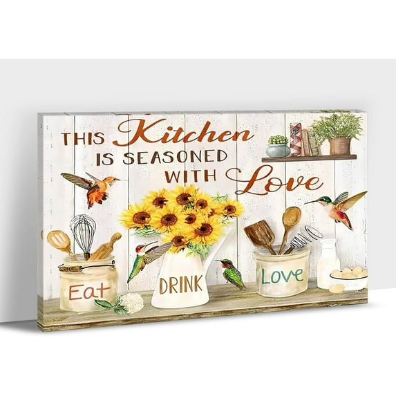 Kitchen Canvas Wall Art -Farmhouse Wall Art For Decor Bathroom, Rustic Landscape Painting, Vintage Kitchen Sign Picture, Framed Poster Sunflower Artwork For Farmhouse Dining Room Wall Decor 12x18 inch