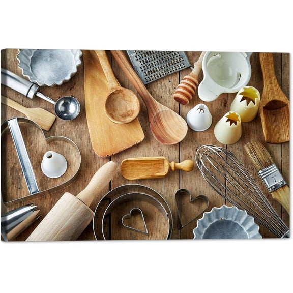 Kitchen Canvas Wall Art Kitchenware Picture Dining Room Canvas Painting for Home Wall Decor, Spoon Cooking Utensil Framed Artwork for Kitchen Restaurant Wall Decoration Ready to Hang (12" Hx18 W)