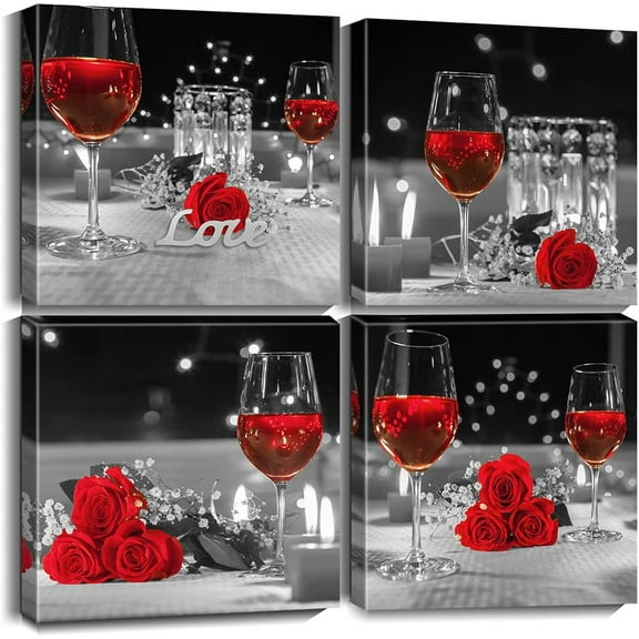 Kitchen Canvas Wall Art Prints Black and White Wine Rose Floral Painting Picture for Dining Room Restaurant Wall Decor (12"x12"-4Pcs, Red)