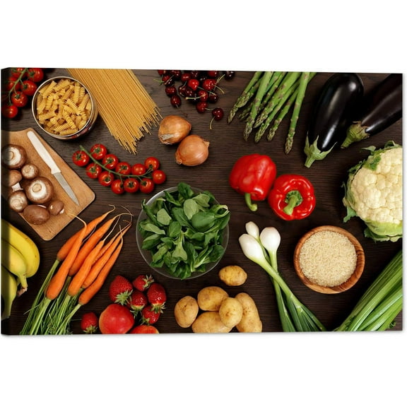 Kitchen Canvas Wall Art Vegetable Ingredients Picture Dining Room Canvas Painting for Home Wall Decor, Vegetable Framed Artwork for Kitchen Restaurant Wall Decoration Ready to Hang (12" Hx18 W)