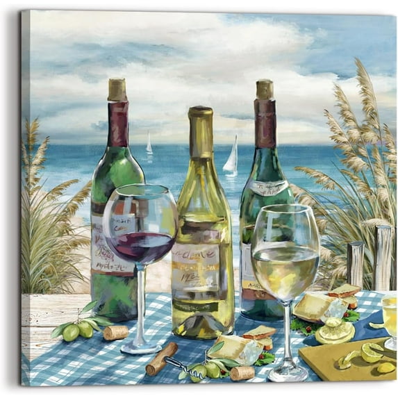 Kitchen Canvas Wall Art Vintage Red Wine Bottle Print Picture for Dining Room and Bar Wall Decoration