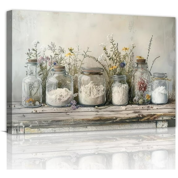 Kitchen Canvas Wall Art Vintage Rustic Mason Jar Spice Culinary Picture Paintings Art Farmhouse Wall Decor Prints Still Life Poster for Dining Room Restaurant Decor Framed(Kitchen-1,12.00" x 18.00")