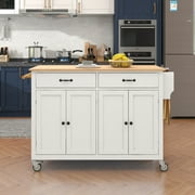 Kitchen Cart with 2 Drawers and 2 Cabinets, 54.3 Large Kitchen Cart with 4 Doors and Locking Wheels, Buffet Table Cupboard with Spice Rack and Towel Rack for Dining Room Kitchen, White