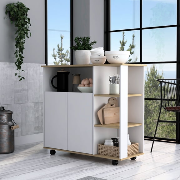 Kitchen Cart | 35" H, Four Open Shelves, Double Door Cabinet for Kitchen Storage | Particle Board Construction | Solves Lack of Kitchen Storage Space