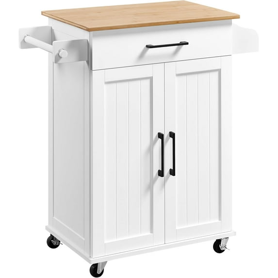 Kitchen Cart with Bamboo Tabletop, 32" Width Rolling Kitchen Island with Drawer and Adjustable Shelf, Storage Cabinet with Spice Rack Towel Bar for Dining Room Kitchen Living Room, White