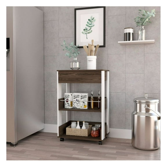 Kitchen Cart with Casters, 35" High, 3-Shelf Rolling Utility Cart, White/Dark Walnut Finish, 27.4" Countertop, Multifunctional Kitchen Island Multicolor + Particle Board + Particle Board