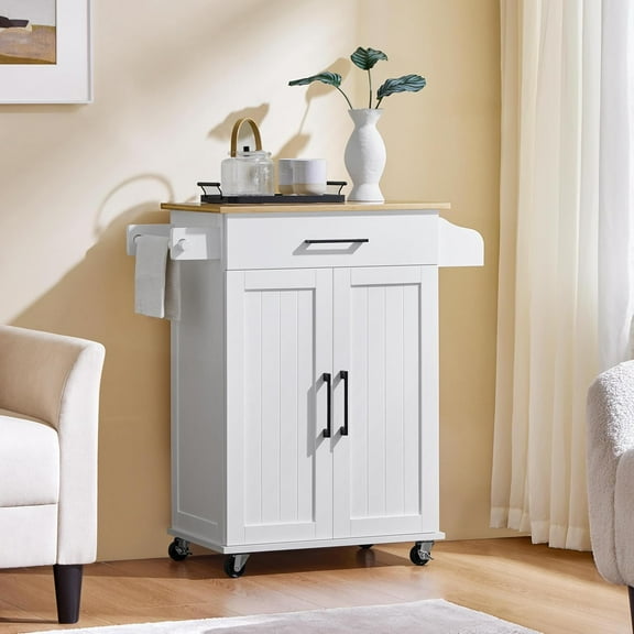 Kitchen Cart with Drawer, Kitchen Island on Wheels with Storage Rack & Cabinets, Microwave Cart for Kitchen with Storage, Rolling Coffee Cart Station, White
