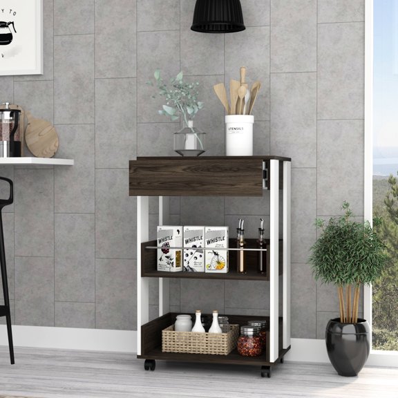 Kitchen Cart Featuring Drawer and Shelves | Used for Hosting and Serving at Home | White Manufactured Wood and Aluminum Tube Design | Overcomes Storage and Serving Difficulties