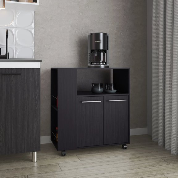 Kitchen Cart with Microwave Shelf and Open Storage, Particle Board Wood in Wengue Finish, Rectangular Design for Kitchen Organization, 32.8"H x 29.5"W x 15.7"D, Sophisticated Dark Tone