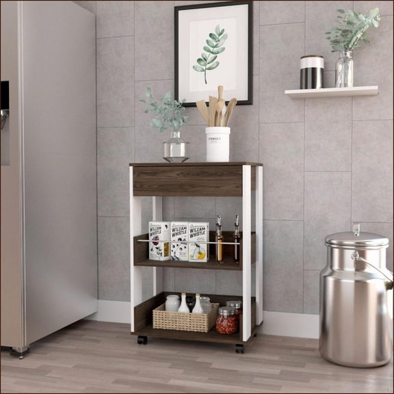 Kitchen Cart Modern 35 H with Four Casters, Three Shelves, 27.4 Countertop, White/Walnut Brown | Particle Board | Particle Board