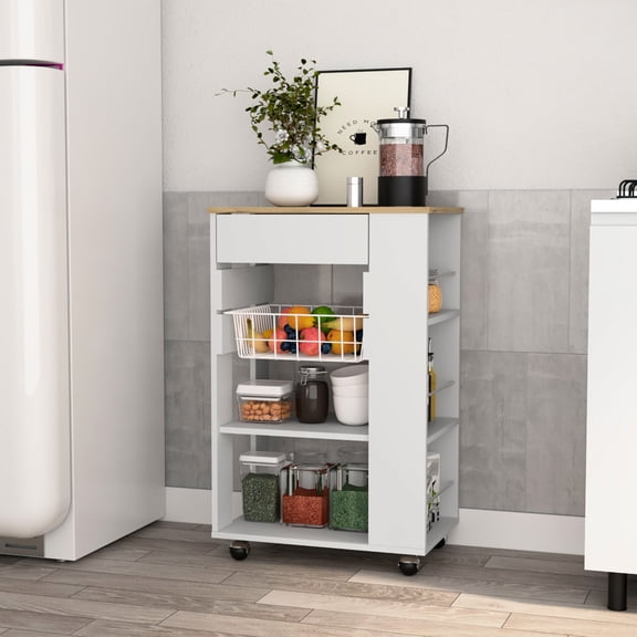 Kitchen Cart - Modern Rectangular Stationary Island With Four , One Drawer, And Two Open Shelves In White / Oak Shelves,