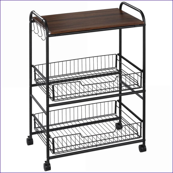 Kitchen Cart Rolling 3-Tier Microwave Stand with 2 Pull-Out Baskets, Side Hooks, Walnut | MDF+Metal