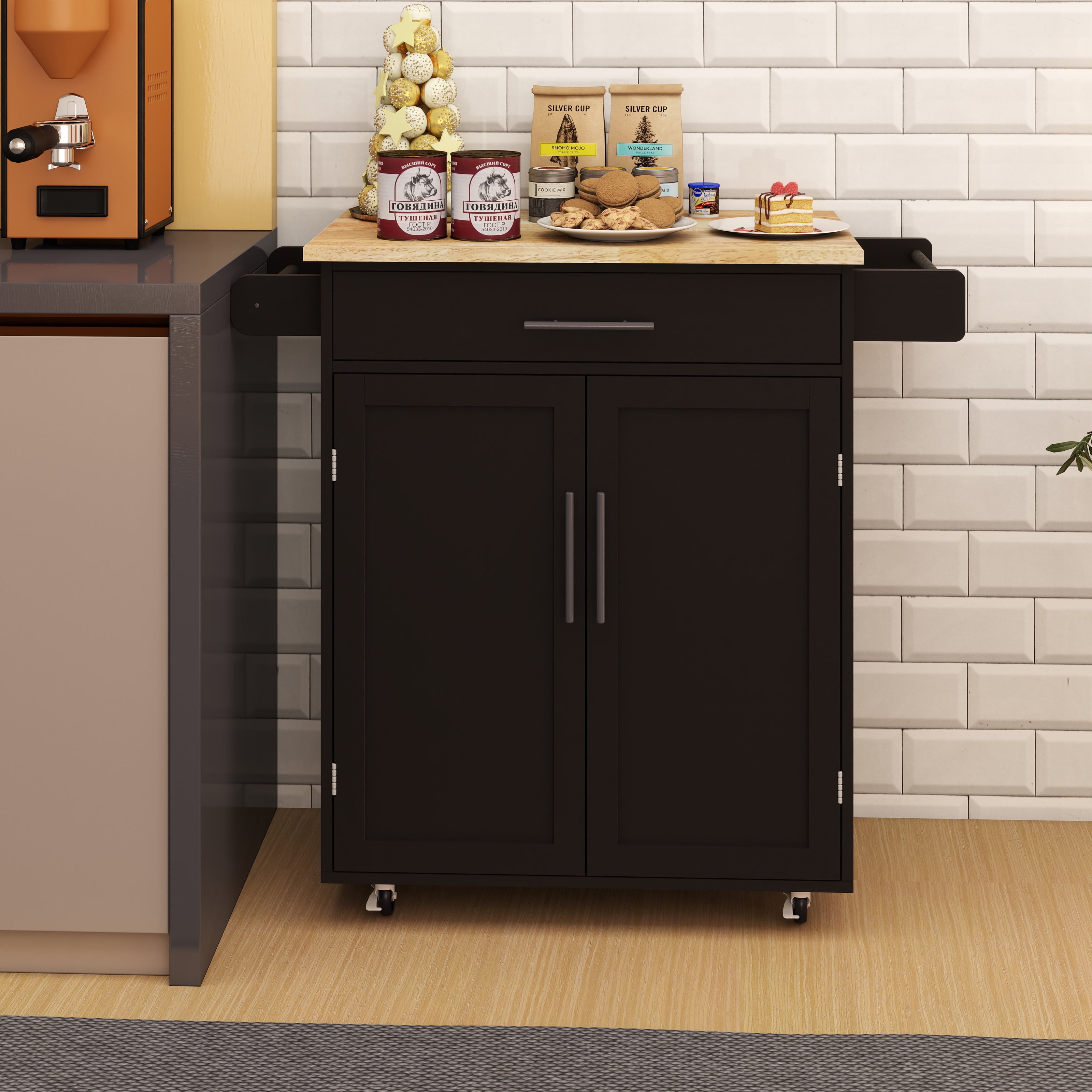 Kitchen Cart Rolling Kitchen Island with 1 Drawer, 2 Doors, Adjustable Shelves, Towel Rack and Seasoning Rack, Versatile Black Kitchen Island for Storage & Home Decor