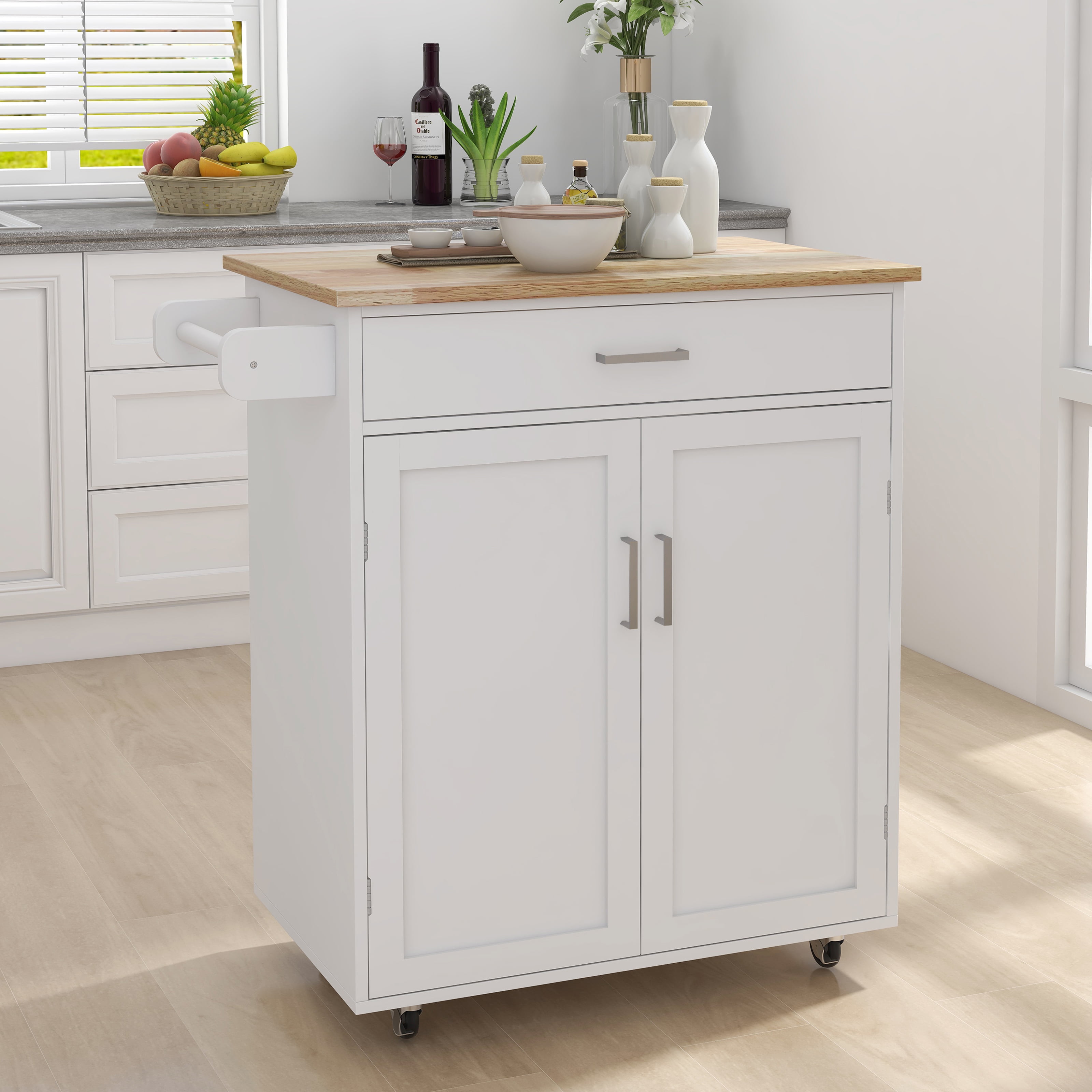 Kitchen Cart Rolling Kitchen Island with 1 Drawer, 2 Doors, Adjustable Shelves, Towel Rack and Seasoning Rack, Versatile White Kitchen Island for Storage & Home Decor
