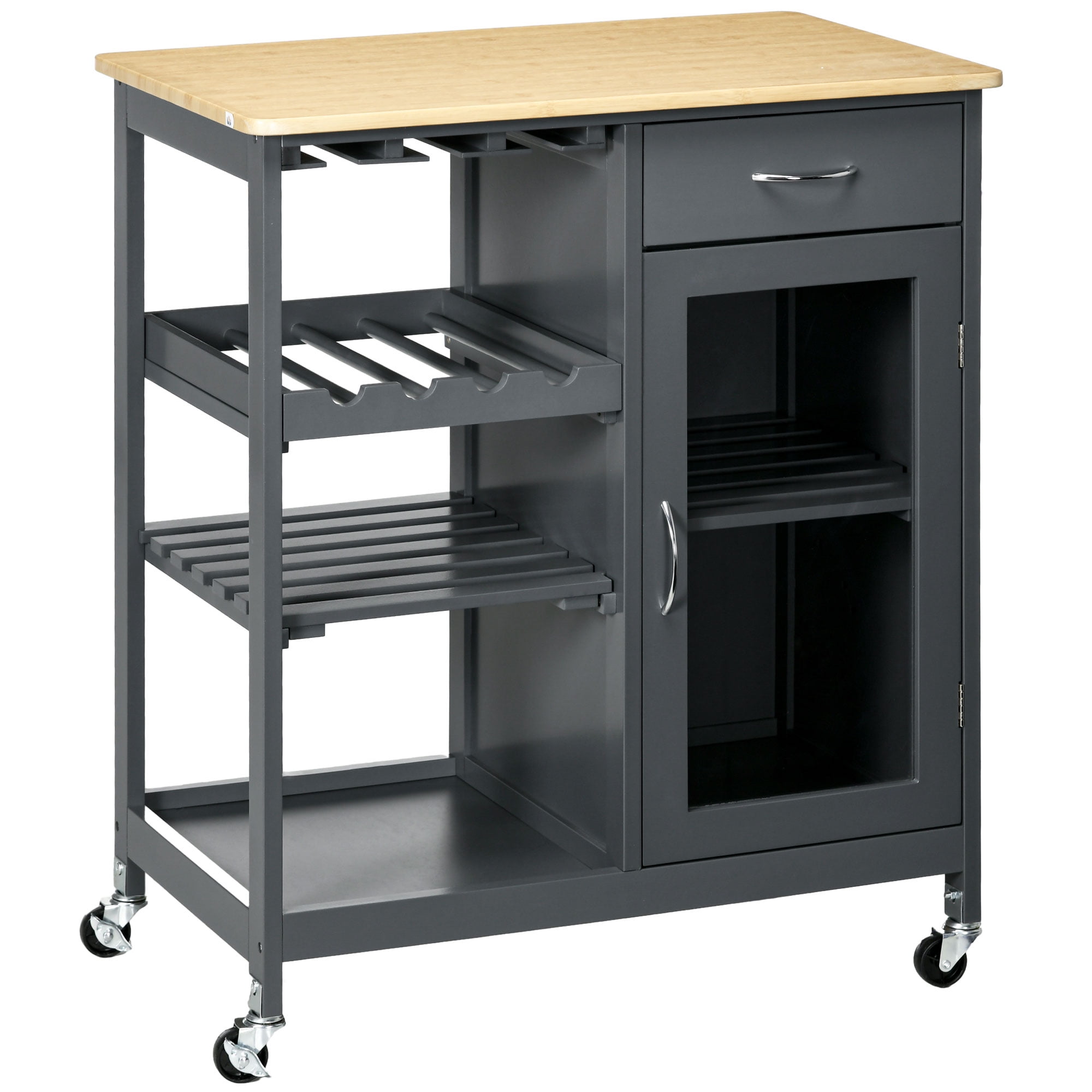 Kitchen Cart Rolling Kitchen Island with Stemware Holder, Shelves, Drawer and Cabinet for Wine Storage & Home Decor